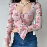 Zjkrl  -  holiday outfits  Summer Women Floral Printed Sweet Holiday T-shirts Mesh Beach Tees Top Flare Sleeve Square Collar Lace Up Shirt