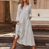 Retro Casual Loose Cotton Hemp Women Dress Button V-neck Long Sleeve Solid Color Dress Autumn Winter 2023 Elegant Party Vestidos