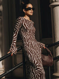 Zjkrl - 2023 Autumn Elegant Zebra Print Maxi Dress For Women Sexy See Through Long Sleeve Bodycon Club Party Dress Spring Casual Dress