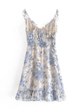 Retro French style Summer Blue White Floral Swallow Print Ruched Bandage Strap Mini Dress Sexy Ruffles Hem Lacing Up Sling Robe