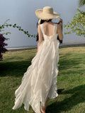 Summer Beige Elegant Embroidered Ruffle Edge Slip Dress Women Temperament Square Collar Backless Pleated Long Sundress Vestidos