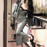 ZJKRL -  Elegant Bodycon Evening Party Dresses Women Long Sleeve Lace Square Collar Midi Dress High Split Prom Robe Autumn Vestidos New