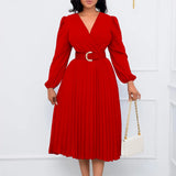 ZJKRL -  Autumn Ruffle Office Lady Dress Women Solid Pleated V Neck Ruched Long Sleeve Party Club Business Work Cocktail Maxi Dress Women