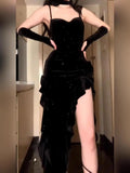 Zjkrl  -  plus Size Velvet Spaghetti Straps Dress Women's Ruffled Irregular Sheath