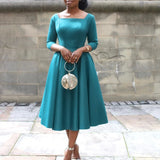 ZJKRL -  Summer Business Dress Women Casual Solid O Neck 3/4 Sleeve Tight High Waist Ruffle Hem Long Maxi Party Work Dress Women