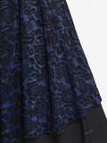 Plus Size Vintage Floral Lace Jacquard Buckled Straps Dress With Belt Deep Blue Fashion Party Holiday Dresses Vestidos