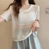 Zjkrl  -  Women Chic Short Sleeved Knit T-shirt Casual Beach Slim Tops O-Neck Sexy Hollow Out Knitting Shirt For Women Summer