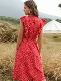 Zjkrl  -  Summer Ladies Elegant Dot Print Chic Dress Women Casual Butterfly Sleeve Ruffles Medium Long Chiffon Dress