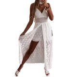 Zjkrl  -  Summer V Neck Solid Color Lace Hollow-Out Sleeveless Sling Party Wear High Waist Rompers Holiday Casual White Women's Jumpsuit