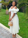 ZJKRL -  White Dresses Woman Summer Pleated Ruffle Hem Sexy Dress Ladies Off The Shoulder Elegant Long Slim Dress