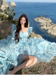 ZJKRL -  Summer New French Style Watercolor Painting Puff Sleeve Slimming Elegant Women's Chiffon Dress Fragmented Pattern Z669
