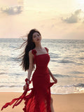 ZJKRL -  Fashionable Suspender Sexy Floral Red Dress Summer Print Elegant V-neck Pullover Tie Tight Women's Backless Long Dress Z639
