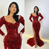 Zjkrl  -  Unique Wine Red Prom Dresses Long Sleeves Sequins Scoop Neck Sexy Split Formal Prom Party Gowns Maxi Women Night Robe De Soiree