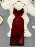 Zjkrl - Ins Fashion Women Christmas Red Long Dress High Waist Lace Patchwork Side Split Velvet Long Dress Party Vestidos