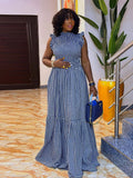 ZJKRL -  Sleeveless Maxi Dress Print Plaid Casual Dresses Summer Woman Elastic Waist Royal Blue Long Dress
