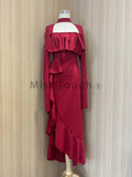 Zjkrl  -  Autumn Red Vintage Elegant Dress Women Flare Sleeve Designer Sweet Long Dress Female Ruffles Retro Princess Irregular Dress