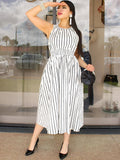 ZJKRL -  Summer Women White Casual Dress A-line Backless Dresses with Crossed Neck on Back Elegant and Youthful Sexy Dresses Stripe Print