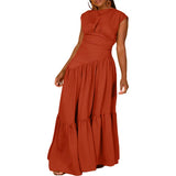 ZJKRL -  Summer Solid Pleated Maxi Dress Women Casual Ruched High Waist Sleeveless Work Business Party Long Dress Women