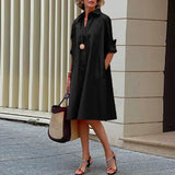 ZJKRL -  Solid Color Shirt Dress for Women Cotton-blended Long Sleeves Midi Dress 2025 Buttoned Loose Fit Commuter Outerfits