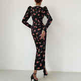 Sexy Square Collar Women Elegant Dresses Floral Print Long Sleeve High Waist Fold Slim Ladies Party Dress Spring Autumn Vestidos