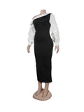 ZJKRL -  Women Sexy Spring Dresses with White Diagonal Collar Slim Fit Dress Long Sleeves Black Elegant Dress with Slit