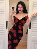 ZJKRL -  Retro High-End Mesh Printed Long Dress For Women'S Summer Sexy V-Neck Slim Fit With Buttocks And Elegant Dress