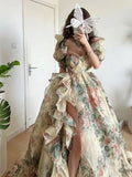 Zjkrl  -  Spring Princess Elegant Dress Women Puff Sleeve Print Y2k Evening Party Dress Female France Vintage Chic Irregular Clothes