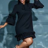 ZJKRL -  Elegant Ruffle Party Dress Women Solid Pleated Ruched Mini Evening Wedding Work Business Dress