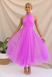 ZJKRL -  Elegant Pleated Mesh Maxi Wedding Dress Women Solid Halter High Waist Sleeveless Party Cocktail Bridesmaid Long Dresses