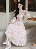 2024 Spring Pink Floral Elegant Dress Women Bandage Lace Print Sweet Vintage Dress Puff Sleeve Kawaii Dress Women Princess Fairy