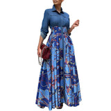 ZJKRL -  Autumn Printed Button Down Shirt Maxi Dress Women Denim Patchwork Long Sleeve Ruched Party Evening Work Long Dresses