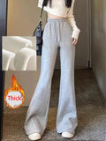 Zjkrl  -  holiday outfits Korean Winter Thick Flare Pants Women Casual High Waist M-3Xl Grey Trousers Lace Up New Pockets Loose Streetwear Sweatpants