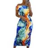 ZJKRL -  Summer Women Print Slash Neck Bodycon Long Maxi Dress Short Sleeve Sexy Split Night Club Party Evening Vestido Dresses