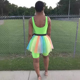 ZJKRL -  Summer Women Rainbow Print Mesh Mini Skirt Suit and Neon Green O Neck Rompers Matching Two 2 Piece Set Outfit with Belt