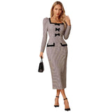 ZJKRL -  Elegant Pencil Midi Party Dress Women Grid Puff Long Sleeve Square Neck Bodycon Office Evening Wedding Dress