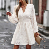V-Neck 2023 Spring/Summer Flower Print Lantern Sleeve Waist Closing Temperament Casual Yarn Mesh Dresses Elegant Women's Dresses