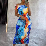 ZJKRL  -  European Slash Neck Tie Dye Print Bodycon Midi Maxi Dress Club Sexy Party Long Dresses Vestido
