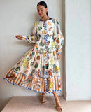 Zjkrl - 2023 Autumn New Print Holiday Women Beach Dress With Belts A-line Long Lantern Sleeve Single Breasted Lapel Seaside Dresses Robe