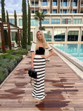 Zjkrl - Cotton Knitted Hollow Out Top Skirt 2 Piece Set Lapel Short Sleeve Tops Striped Skirt Suit 2023 Summer Women's Vacation Outfits