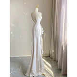 Zjkrl  -  Elegant White Round Neck Slim Fit Sleeveless Women Wedding Dress Evening Party Gown with Ruffles Vestidos De Novia