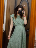 Zjkrl  -  Summer Ladies Elegant Dot Print Chic Dress Women Casual Butterfly Sleeve Ruffles Medium Long Chiffon Dress