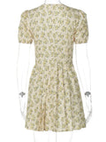 2024 Women V-neck High Waist Floral Print Tunics Short Dress Streetwear Fashion Female Short Sleeve A-line Corset Party Dresses