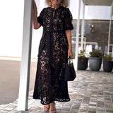 ZJKRL -  Elegant Lace Maxi Dress Women Solid Hollow Out Button Down Shirt Lace Party Evening Long Dress Women
