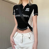 Zjkrl  -  Black Short Sleeve Women's T-shirt Summer Letter Embroidery Patchwork Sexy O-Neck Crop Top Casual Fashion Zippers T Shirt Female