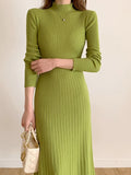 Zjkrl - Autumn Winter 2023 Slim Long Sleeve Party Midi Dress for Women Knitted Half High Collar Elegant Knitted Sweater Dresses Ladies