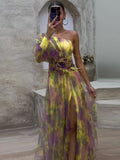 Zjkrl - Elegant Tie-dye Print Dress Women  Fashion Oblique Shoulder Pleated Long Dresses 2023 Summer Autumn Lady Party Evening Vestidos