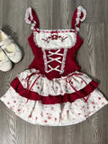Zjkrl  - holiday outfits France Vintage Slim Square Neck Print 2 Piece Set Women Sweet Cute Lace Bow Patchwork Tops Female + High Waist Short Skirt