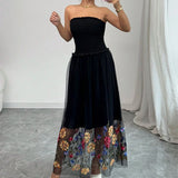 ZJKRL -  Fashion Mesh Spliced Women Black Strapless Dress Summer New Floral Embroidery Maxi Dress 2025 Casual Simple Pleated Vestidos