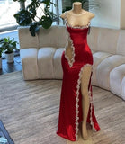 Zjkrl  -  Red Sheer Slit Long Prom Dresses For Black Girls Sexy Beaded Birthday Party Dresses African Evening Gown Robe De Customized