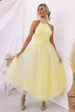ZJKRL -  Elegant Pleated Mesh Maxi Wedding Dress Women Solid Halter High Waist Sleeveless Party Cocktail Bridesmaid Long Dresses